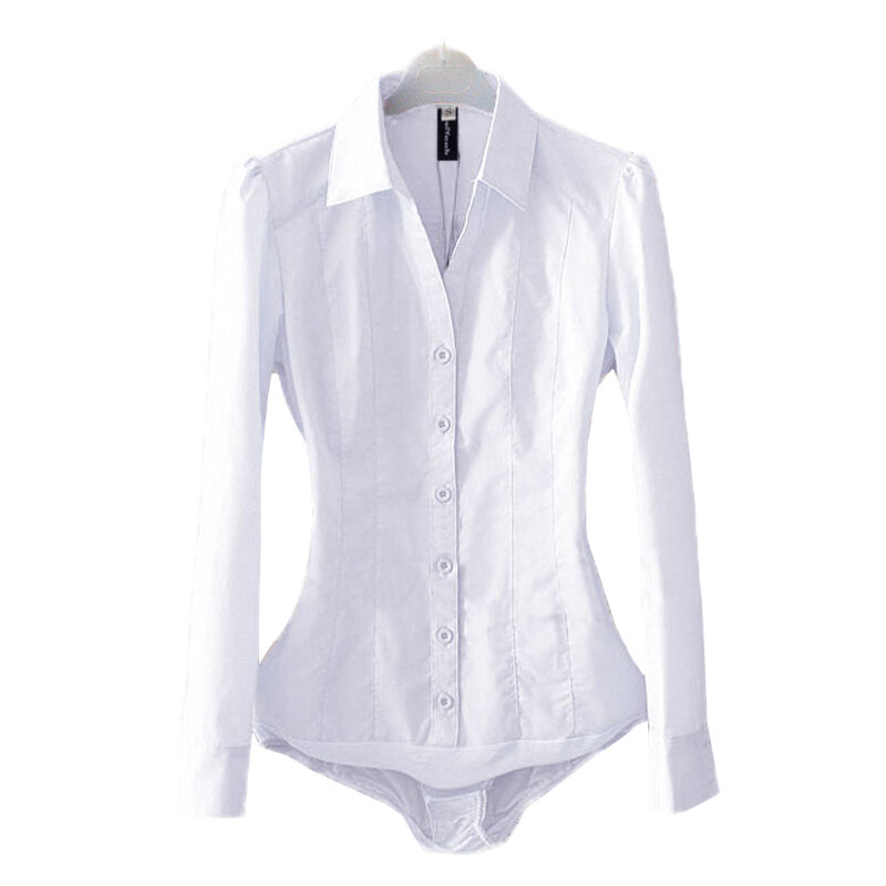 Blusa de manga larga con cuello en V para mujer, camisa de cuerpo sólido con botones, azul claro, blanco, Oficina
