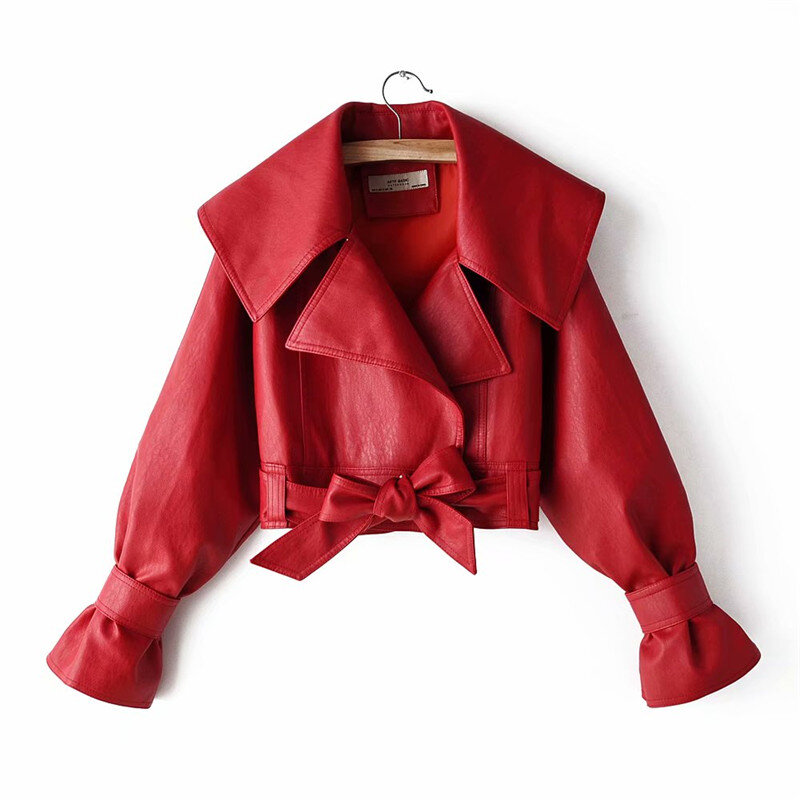 Chaqueta de cuero sintético para mujer, abrigo corto con cuello vuelto, cinturón con cordones, color negro, Punk y rojo, para motocicleta, Otoño, 2023