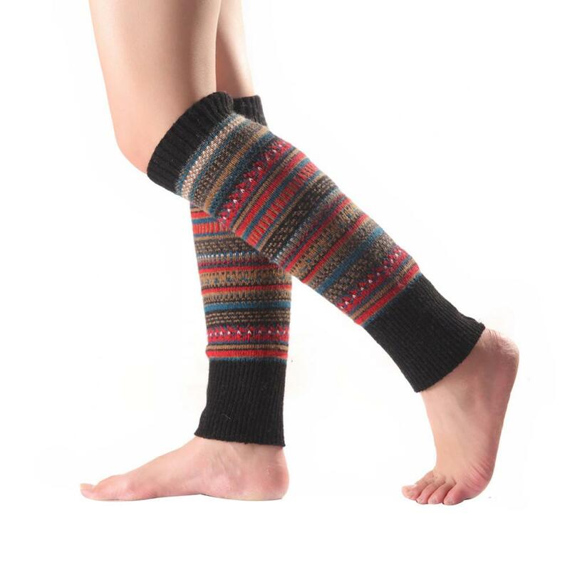 Women Rainbow Striped Stockings Knitted Warmers Winter Footless Socks Knee High Fashion Boot Socks 