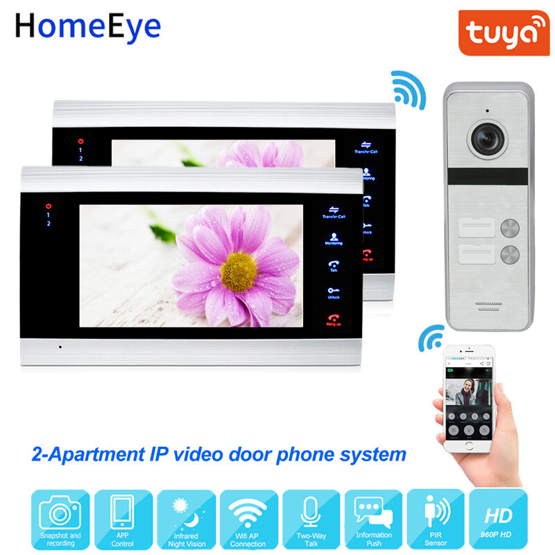 Tuya Smart App Remote Control IP Video Door Phone WiFi Video Intercom 2-Apartments Security Access Control System Waterproof OSD