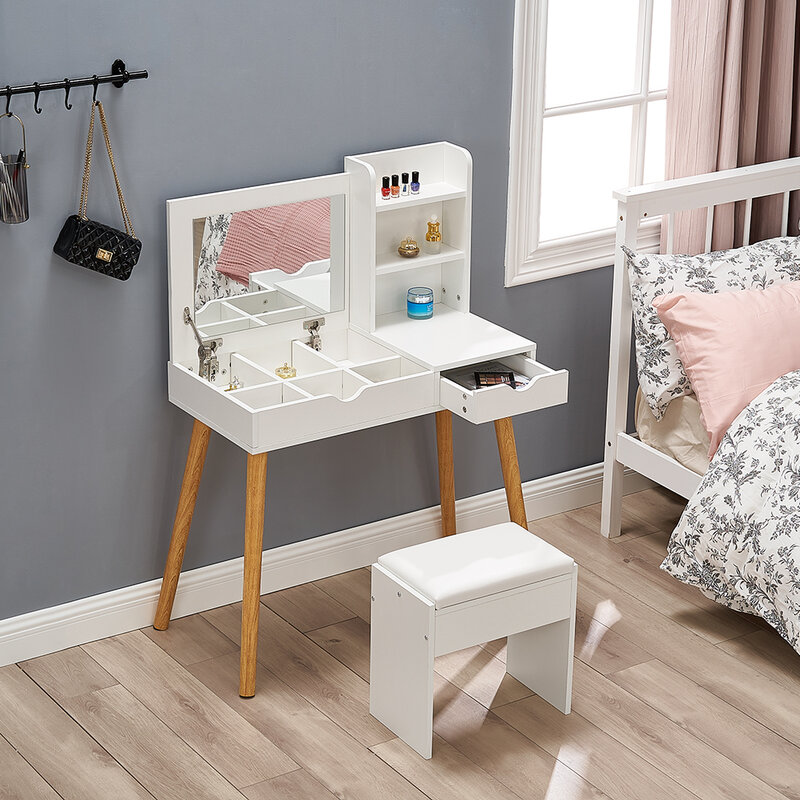 Bedroom Furniture Pragmatic Square Flip Mirror Wooden Leg Dressing Table with Padded Stool Storage Jewelry Grids Cosmetic Shelf