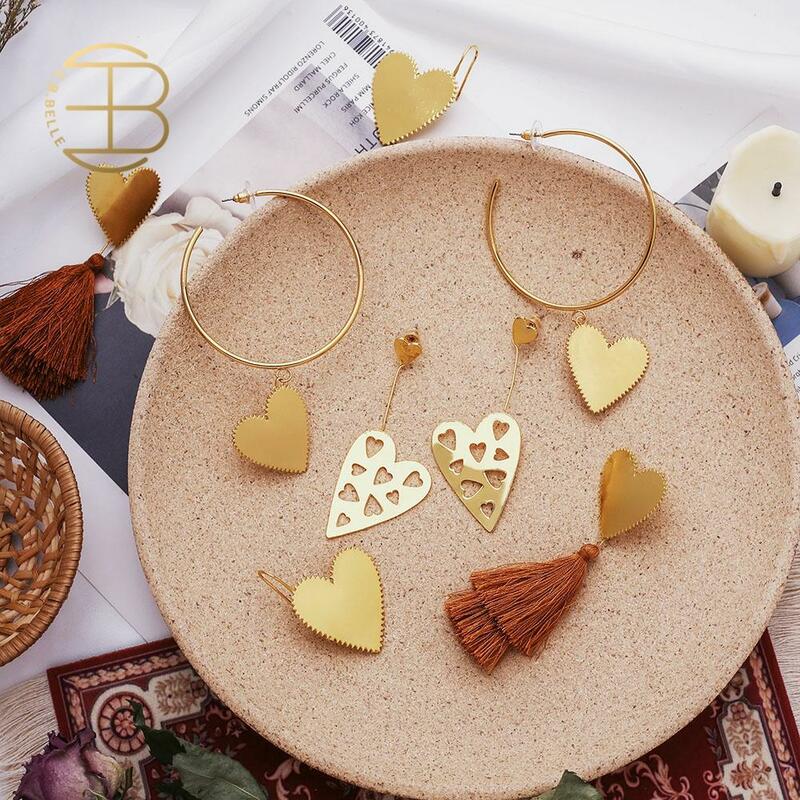 Customized New Design Gold Color Brown Tassel Serrated Heart Dangle Earring Gold Color Hollow Heart Big Hoop Earrings For Women