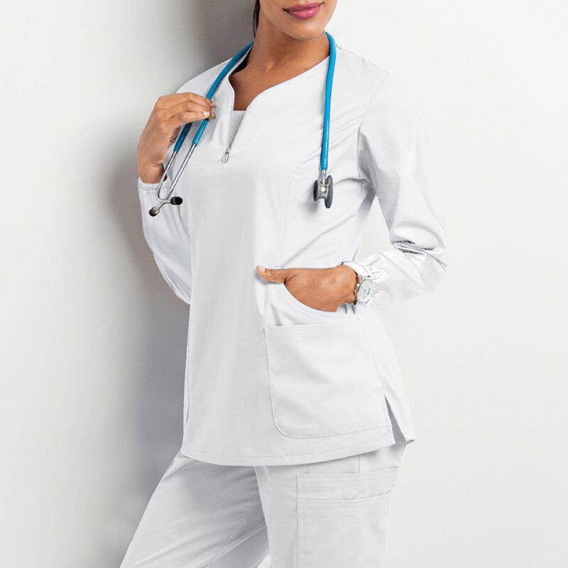 Atasan Seragam Scrub Lengan Panjang Solid Blus Perawat Leher V Ritsleting Wanita Musim Dingin Tunik Farmasi Klinik Keseluruhan Perawatan Hewan Peliharaan