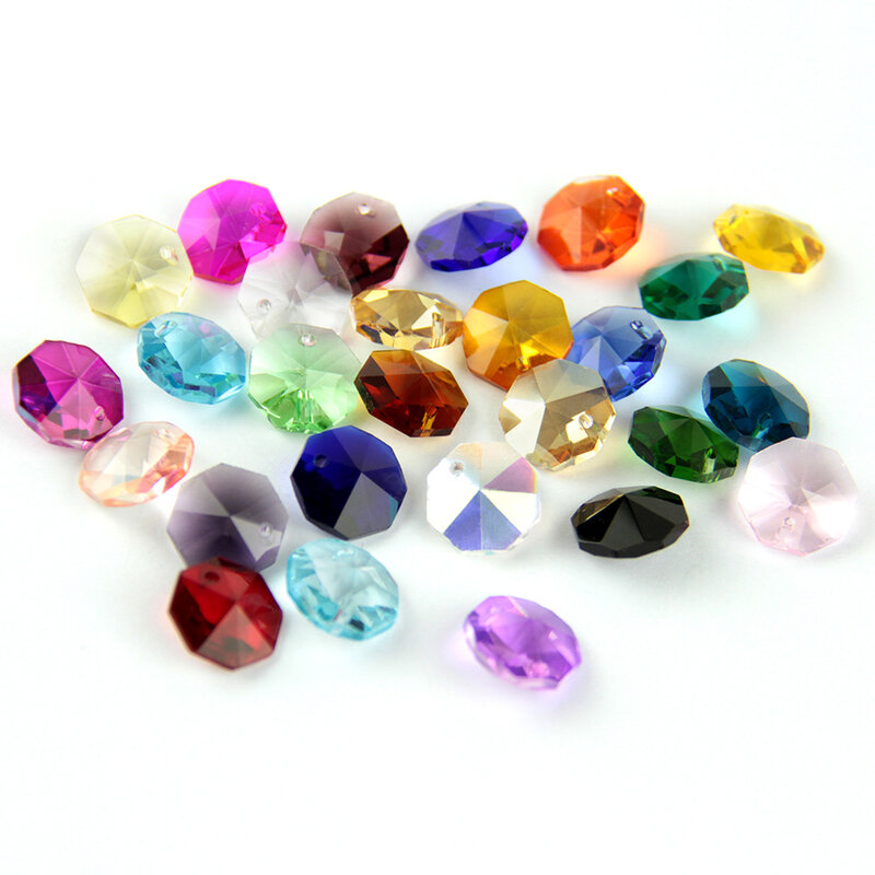 500pcs 14mm Crystal Glass Prisms Octagonal Beads With 1 Hole/2 Holes Lamp Glass Chandelier Parts For Pendant Decoration