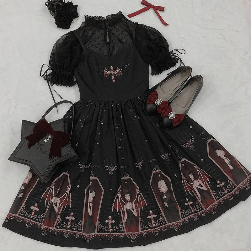 Nhật Bản Gothic Lolita Jsk Đầm Đen Nữ Bông Tai Kẹp Thời Trang Đường Phố Không Tay Mềm Mại Em Gái Dễ Thương Váy Đầm Trắng Punk Áo