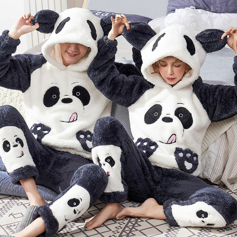 Unisex Adult Flannel Sleepwear Thicken Warm Couple Pajama Sets Long Sleeve Pyjamas Cartoon Cute Homewear Female Winter Home Suit