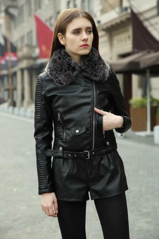 Lanxirui Fashion Fur Collar Basic Jacket Coat Outerwear Coat Black Faux Leather Coat Pu Leather Jacket Women