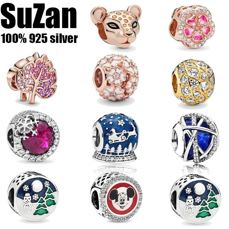 Suzan Real 925 Sterling Silver Bead Charm Reflexions Elegance Clip With Crystal Beads Fit Pan Bracelets Women Diy Jewelry