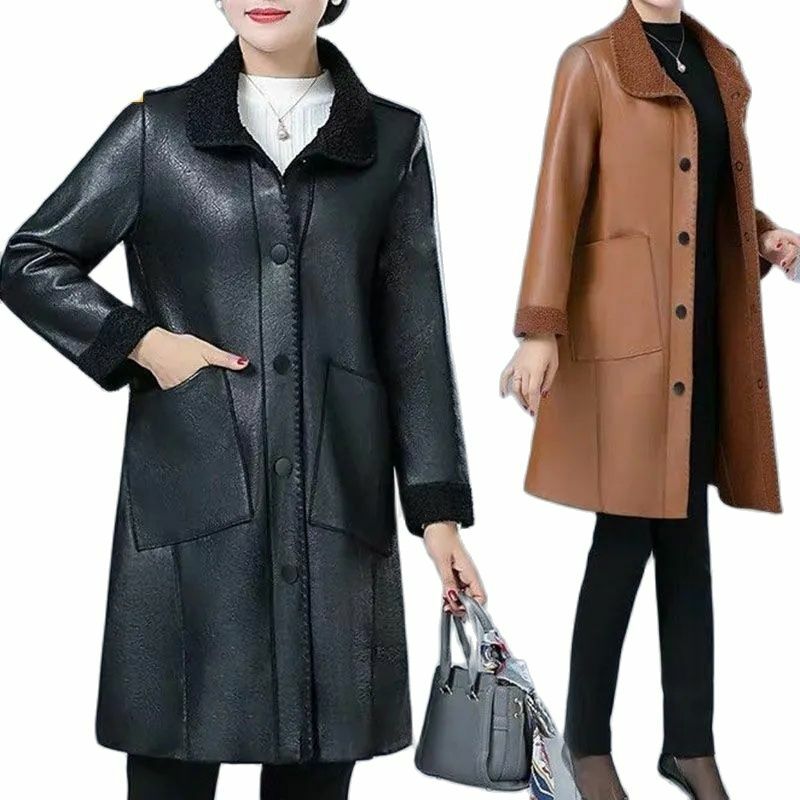 2023 여성용 PU 가죽 재킷, 긴 벨벳, 두껍고 따뜻하고 바람막이 기질, 어머니 코트, 가죽 파카, 가을 겨울