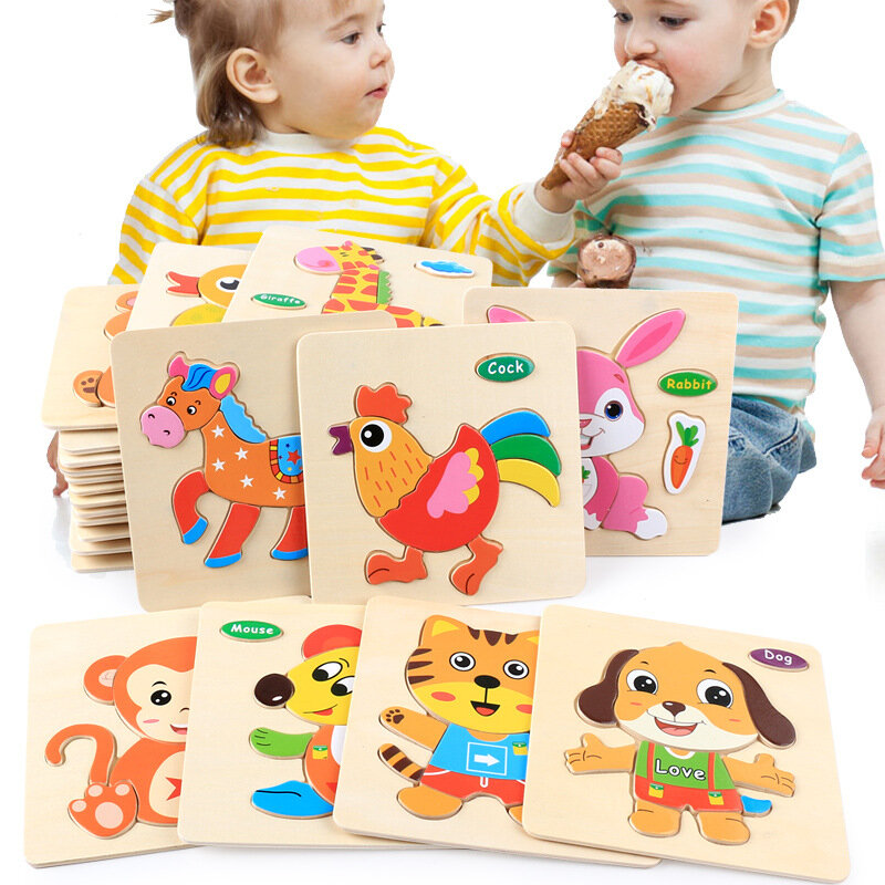Детские игрушки, деревянные 3D пазлы, пазлы для детей, Мультяшные животные, интеллектуальные игрушки для детей раннего возраста образовательный мозговой тизер