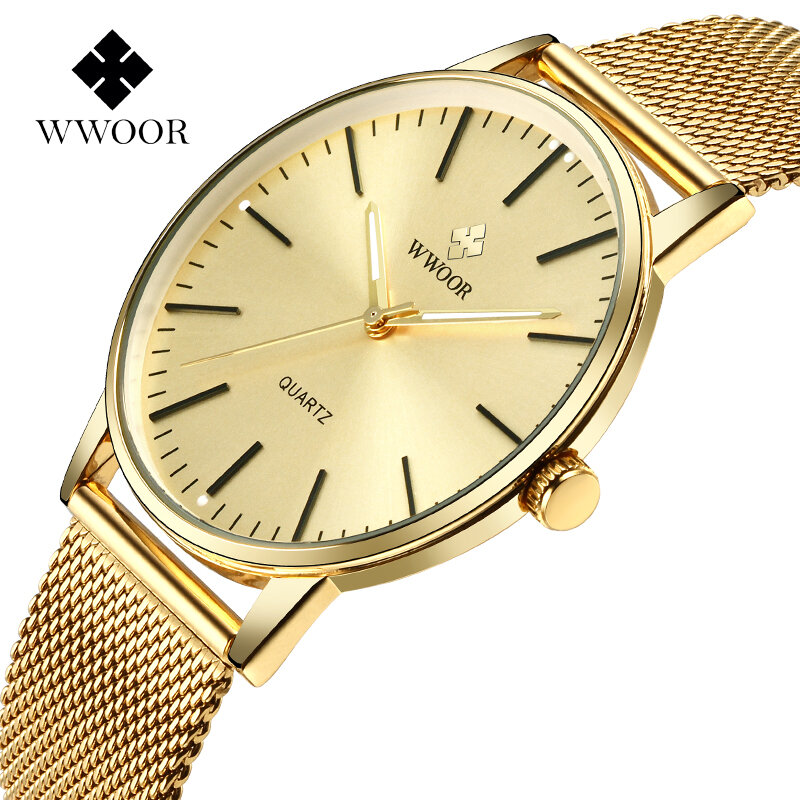 Wwoor-メンズ超薄型クォーツ時計,腕時計,完全ステンレス鋼,防水,メッシュベルト,シンプル,トップブランド,ゴールド,2024