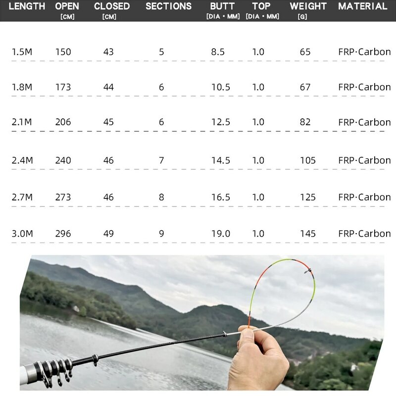 Canne à pêche télescopique Spinning, en fibre de carbone, pour voyage, pêche de la carpe à la mouche, 3m 2,7 m, 2,4 m, 2,1 m, 1,8 m, 1,5 m