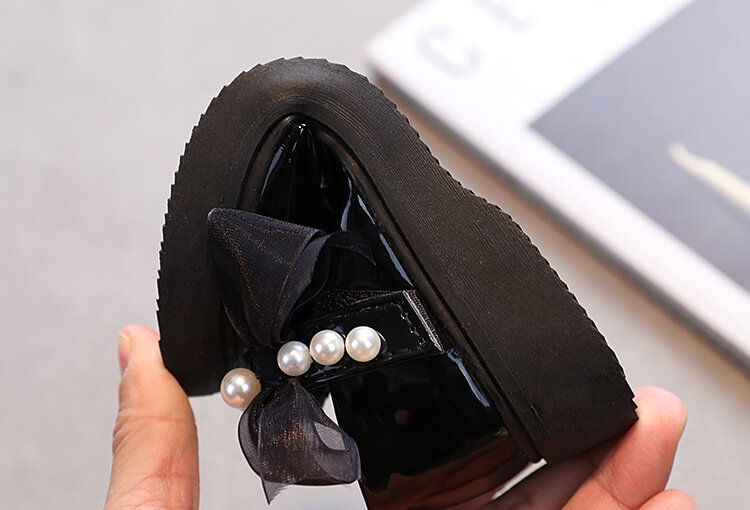ULKNN – chaussures en cuir souple pour enfants, en caoutchouc, plates, avec nœud à perles, noires