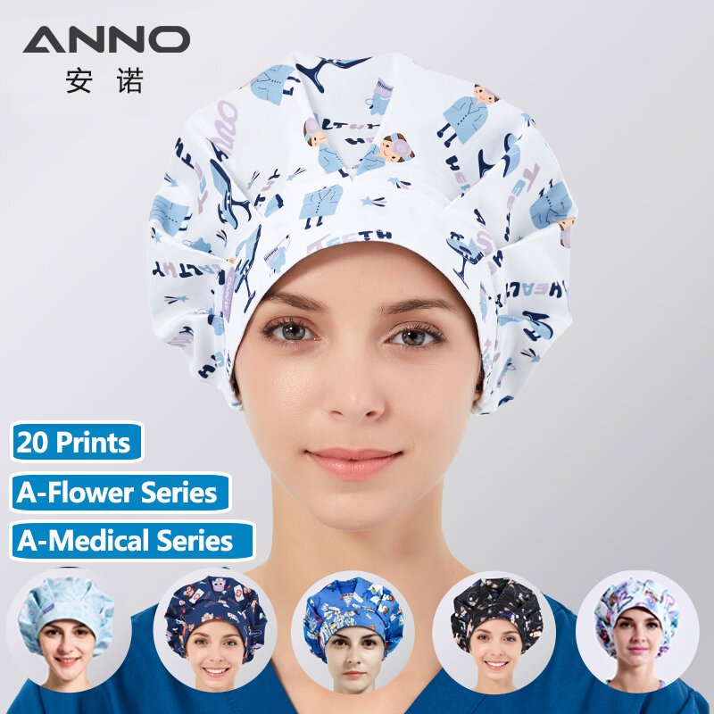 ANNO-قبعات قطنية للأطباء والممرضات ، قبعة تمريض مع عصابة رأس طويلة للشعر ، مضاد للكلور