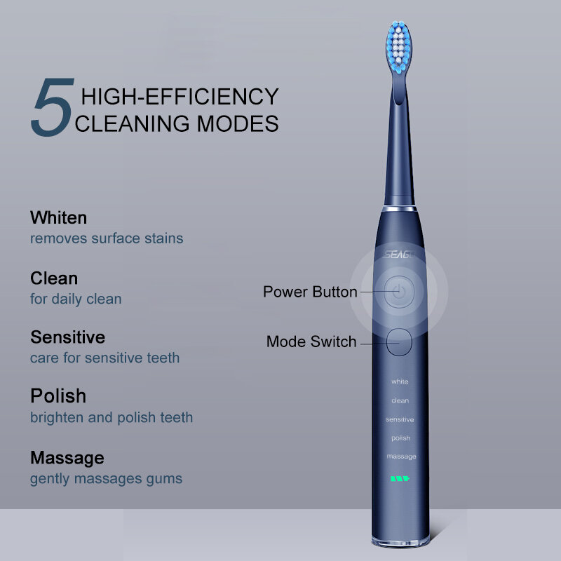 Seago-escova de dentes sônica elétrica para adulto, usb recarregável, com 4 cabeças de substituição, bateria de longa duração, presente, sg-575