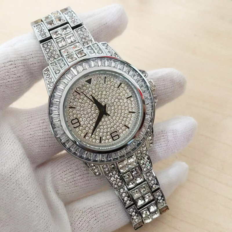 Luksusowy błyszczący diament kamienie męski zegarek 18k pozłacane Ice out Quartz Iced zegarki na rękę dla mężczyzn męski zegarek wodoodporny