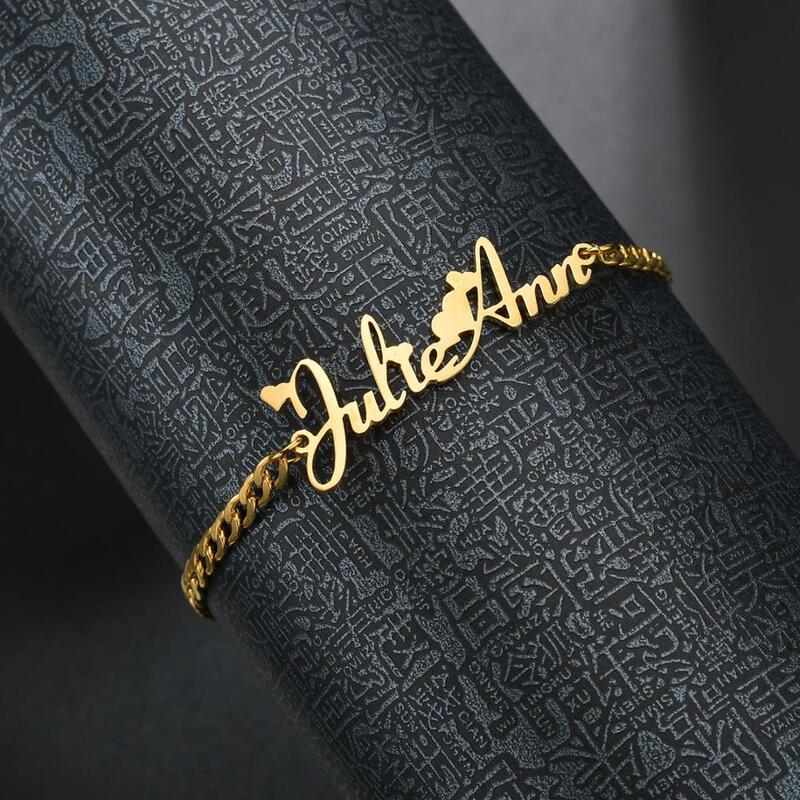 Atoztide personalizado nome pulseira de aço inoxidável encantos artesanal cubana corrente gravado caligrafia nk pulseira presente