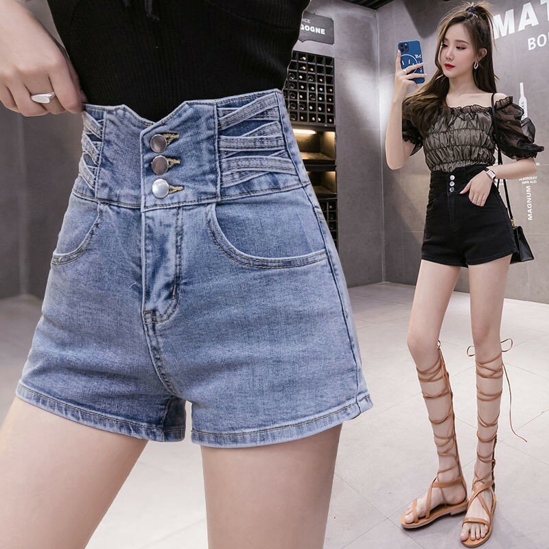 Pantalones cortos de mezclilla de tres botones de cintura superalta coreanos para mujer, pantalones de pierna suelta y ancha, nuevo estilo, verano 2023