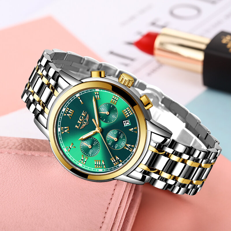 2020 ligeファッション女性腕時計女性トップブランドの高級防水ゴールドクォーツ腕時計女性ステンレス鋼日付着用ギフト時計