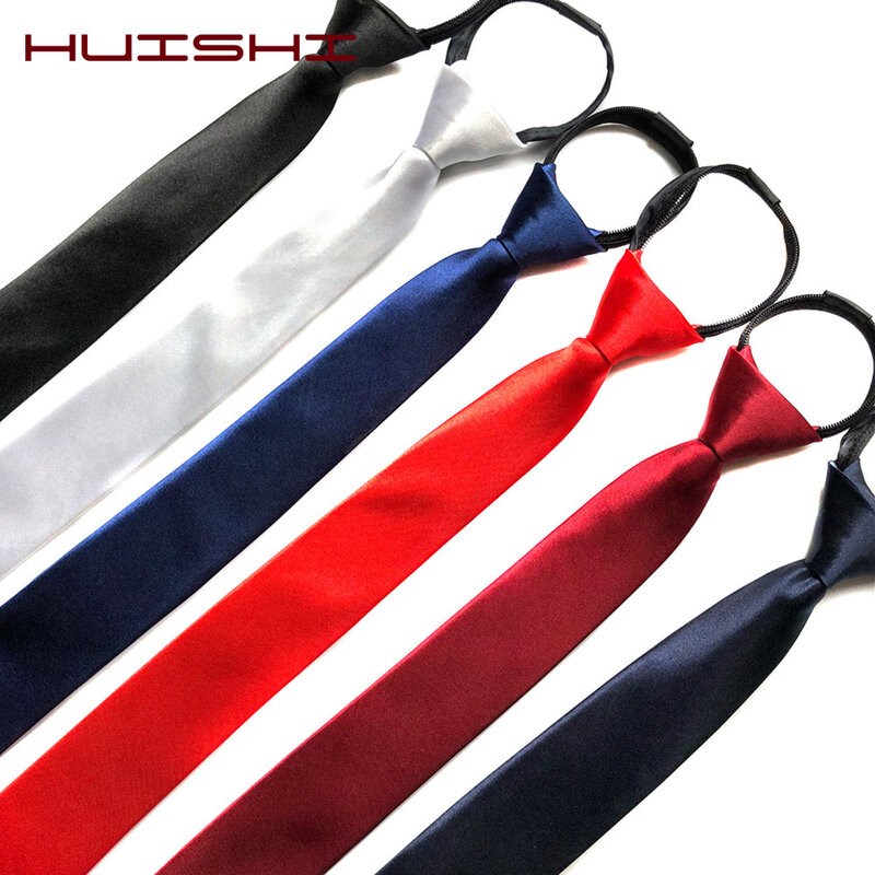 HUISHI-Gravata pré-amarrada com zíper para homens, vermelho, preto, azul, cor sólida, fina, estreita, entretenimento, festa, magra, 5cm