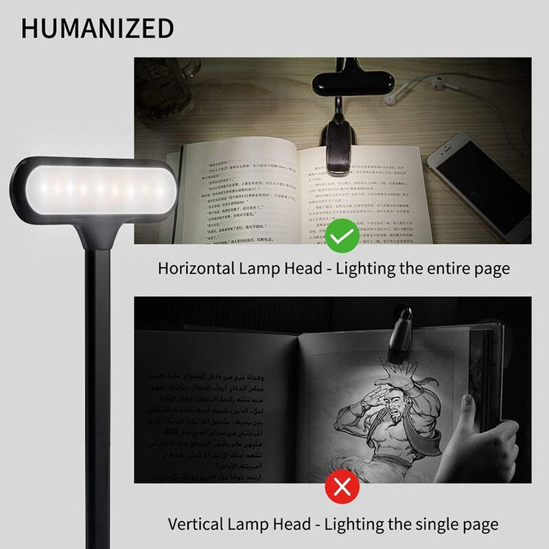 Luz LED USB recargable para lectura de libros, lámpara Flexible con atenuador, Clip para mesa y escritorio, portátil
