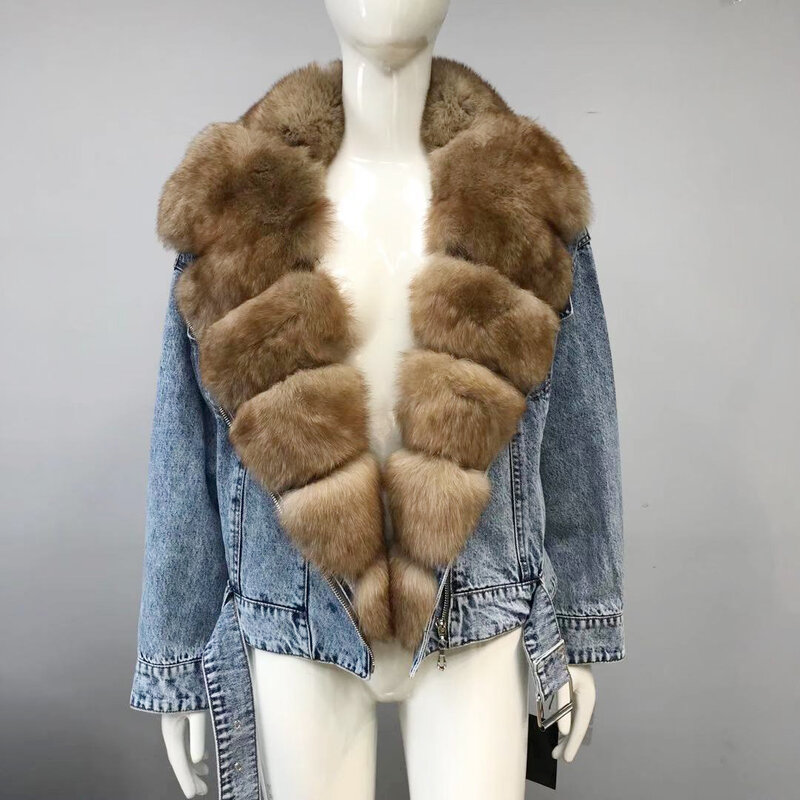Женская зимняя модная новая джинсовая куртка шуба из натурального Лисьего меха с большим воротником из лисьего меха, Высококачественная Роскошная Шуба из меха для женщин 2022