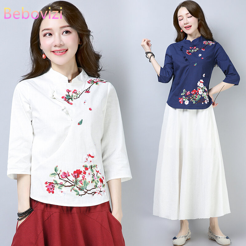 Linho de algodão estilo chinês camisa qipao para mulheres azul branco hanfu bordado retrô verão solto han fu blusa tradicional top