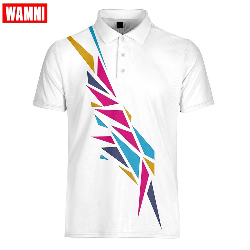 WAMNI Sport 3D tenis szybkoschnący T Shirt Badminton Casual geometryczny skręcić w dół kołnierz męski Streetwear w paski