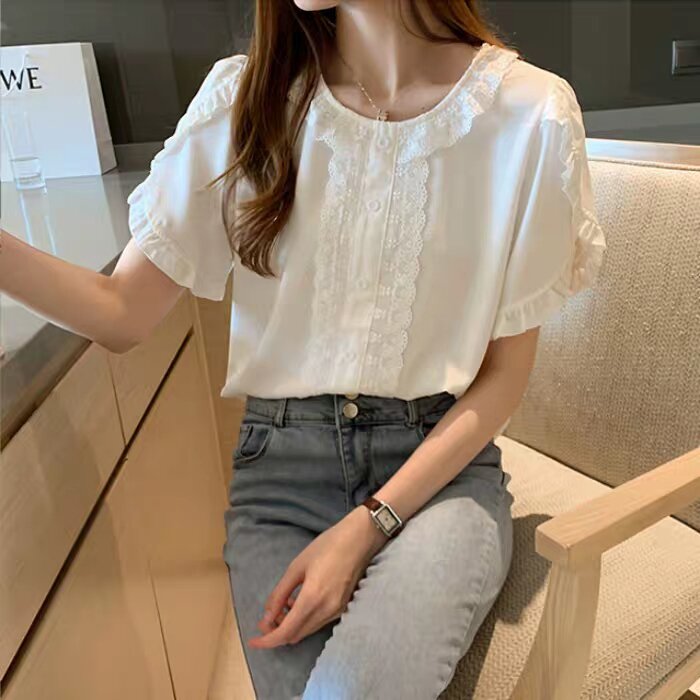 Coogarsam, blusa de gasa de talla grande 4XL para mujer, blusas sueltas de encaje de verano, tops y blusas para mujer, Blanco 1381