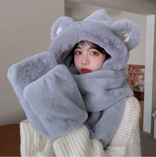 หมีหมวกขนสัตว์เทียมฤดูหนาวผู้หญิงแฟชั่นการค้าต่างประเทศ Cross-Border Warm ฤดูใบไม้ร่วง Plush หมวกผ้าพันคอถุงมือ Integration สีกากี