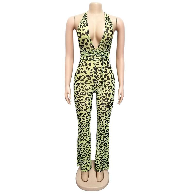 Bkld 2019 Wanita Seksi Musim Panas Leopard Cetak Deep V-Leher Belakang Terbuka Rompers Jumpsuits Clubwear Tanpa Lengan Lebar Kaki Celana Celana Kodok