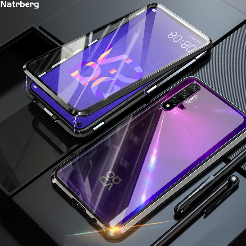Natrberg Glass Case for Huawei Nova 5T Case Magnetic Metal 360 Dual Tempered Glass Back Hard Cover On For Huawei Honor 20 Case