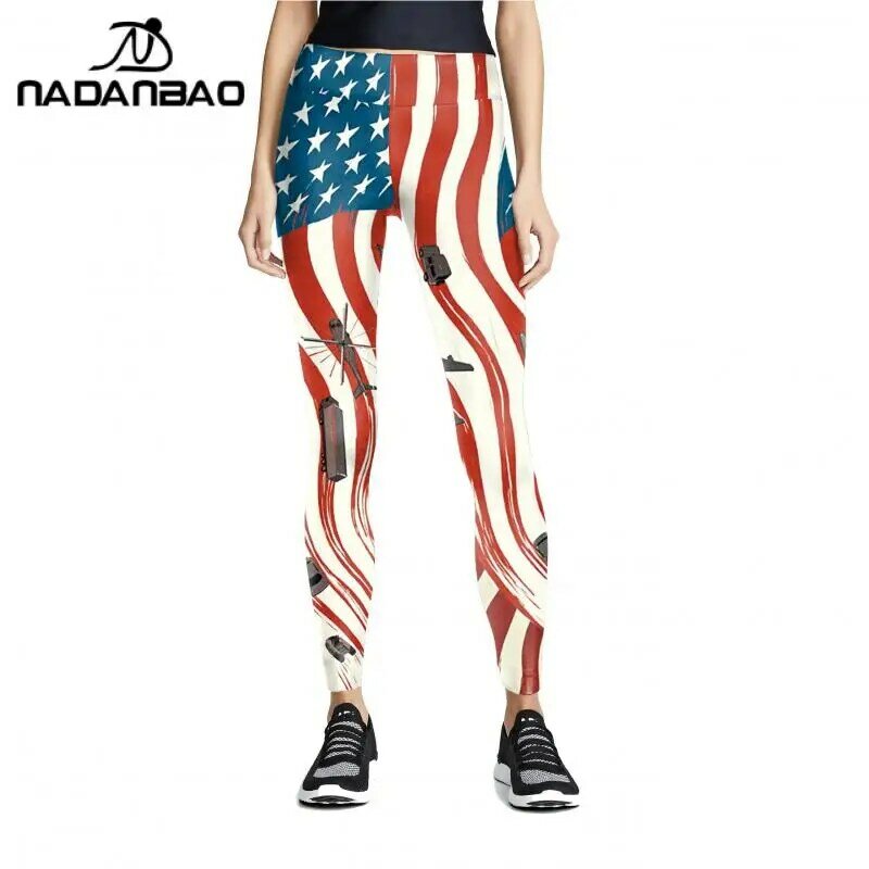 Nadanbao เลกกิ้งสำหรับผู้หญิงเอวกลางกางเกงยืดออกกำลังกายกางเกงลำลองผ้ายืดพิมพ์ลายธงอเมริกัน