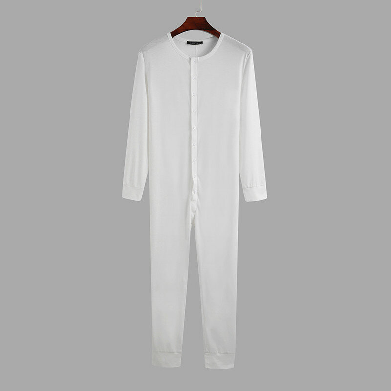 Moda masculina pijamas macacão homewear cor sólida manga longa confortável botão lazer sleepwear masculino macacão nightwear S-5XL