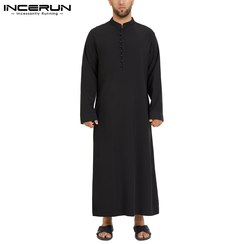 Мусульманский мужской Jubba Thobe с длинным рукавом, однотонный цвет, 2023, воротник-стойка, исламский арабский кафтан, Мужская Abaya воздухопроницаемые халаты INCERUN