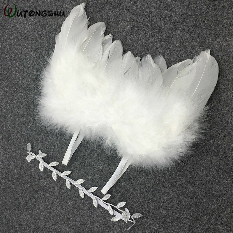Noworodka fotografia rekwizyty anioł pióra skrzydła kostium dla dzieci ubrania z liśćmi pasma włosów akcesoria fotograficzne dla niemowląt