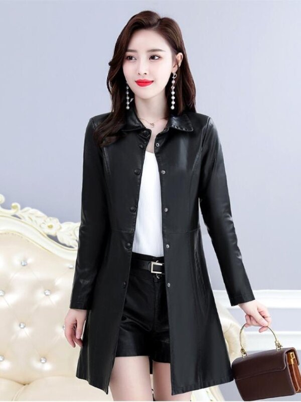 Nowa wiosna moda damska długa skórzana kurtka damska szczupła jednokolorowa kurtka z owczej skóry Ladys koreańska marka zimowe nieformalne okrycie wierzchnie
