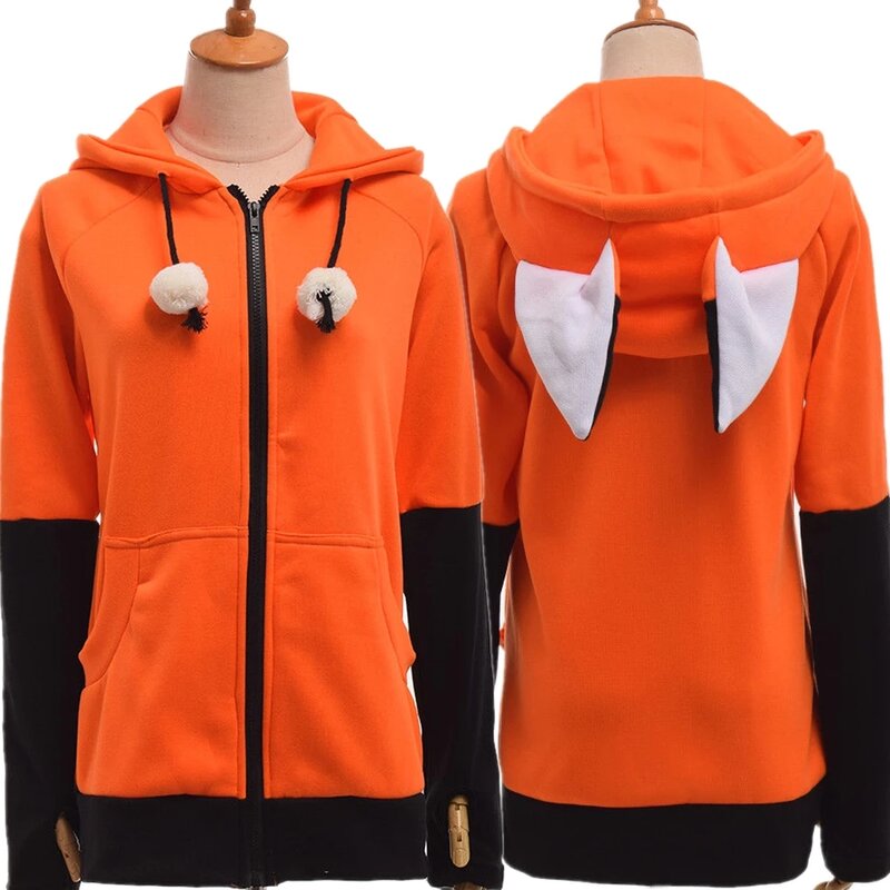 Jaket Bertudung Kostum Cosplay Telinga Rubah Binatang Hoodie Uniseks Cosplay Kaus Oranye Hangat