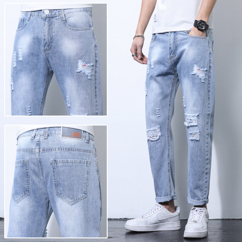 2021 nuovi Jeans da uomo primaverili ed estivi moda strappati pantaloni larghi alla caviglia maschili pantaloni dritti in Denim da uomo Casual