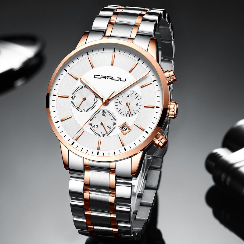 Часы наручные CRRJU мужские с хронографом, модные брендовые роскошные в деловом стиле, из нержавеющей стали, 2019