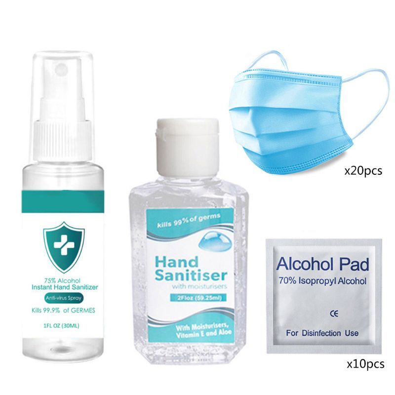 60ML Desinfektion Waschen Freies Hand Sanitizer Gel 30ML 75% Alkohol Sterilisation Spray 20Pcs Feuchttücher 10 Pcs einweg Mund Maske