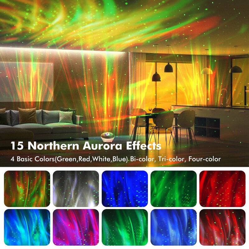 Proyector de luz nocturna inteligente Aurora Galaxy LED giratorio, Altavoz Bluetooth, lámpara de proyección de cielo, decoración de ruido blanco, regalos de fiesta para dormitorio