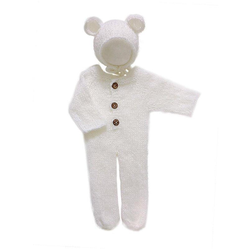 ❤Vêtements de photographie nouveau-né Mohair ours chapeau d'oreille + combinaisons 2 pièces/ensemble Studio bébé Photo accessoires vêtements tricotés tenues
