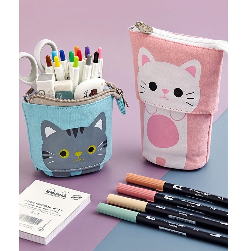 Angoo [Fun] sac à crayons en toile pliable, support debout, organisateur de papeterie, cadeau pour enfants, mignon, chat, ours, mouton, dessin animé, A6445