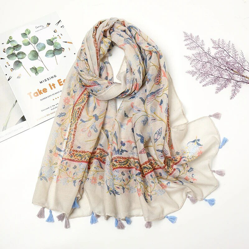 Fashion Floral Gedruckt Baumwolle Viskose Schal Frauen Muslimischen Hijab Damen Quaste Schal Wrap Große Größe Schals Arabischen Turban Bandana
