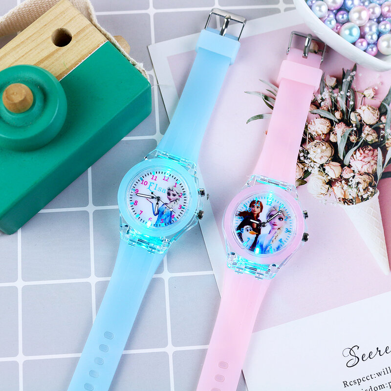 Montre avec bracelet en silicone pour enfants, Flash Light, Princess Elsa, Frozen Bone, Girls, Student Clock
