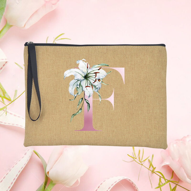 26 Alphabet Pink Flowers Linen Clutches Tote Bags For Women Fashion Casual Reusable Zipper Handbag Letter Printed Party Gifts