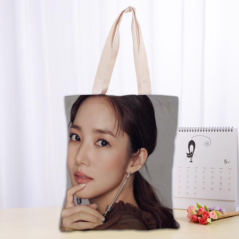 Bolso de mano personalizado Park Min Young, bolsas de hombro de tela de algodón para mujer, bolsas de compras reutilizables plegables ecológicas 1009