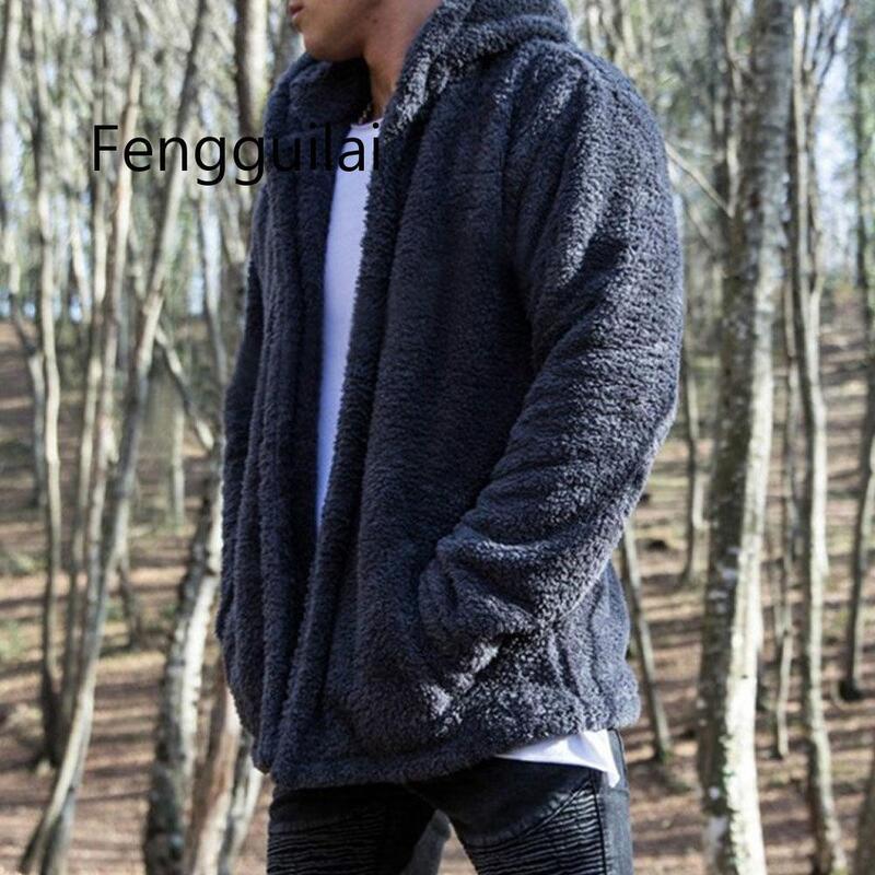FENGGUILAI 남성 코트 가을 겨울 캐주얼 느슨한 양면 플러시 까마귀 솜털 양털 모피 재킷 후드 코트 겉옷