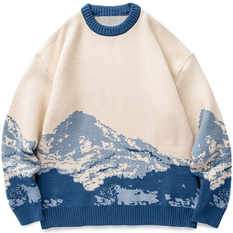 Uomo Hip Hop Streetwear maglione Harajuku Vintage stile giapponese neve montagna maglione lavorato a maglia inverno Casual Pullover maglieria